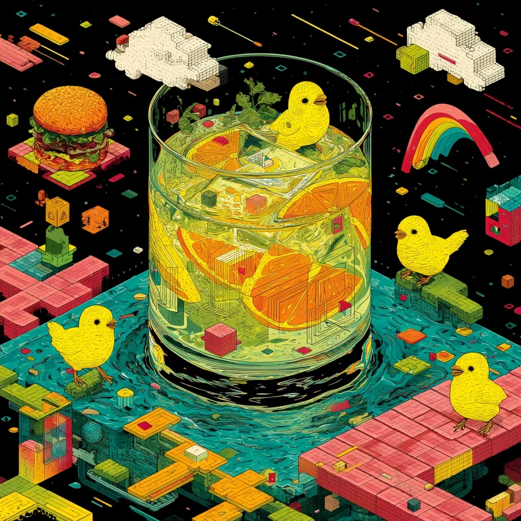 A vibrant, isometric illustration depicts a glass of orange-slice-filled drink, surrounded by pixelated elements, miniature yellow birds, a hamburger, and a rainbow.  The scene is set against a dark background, creating a surreal and playful juxtaposition of digital and natural imagery.  The overall style is bold and colorful, reminiscent of retro video game aesthetics.