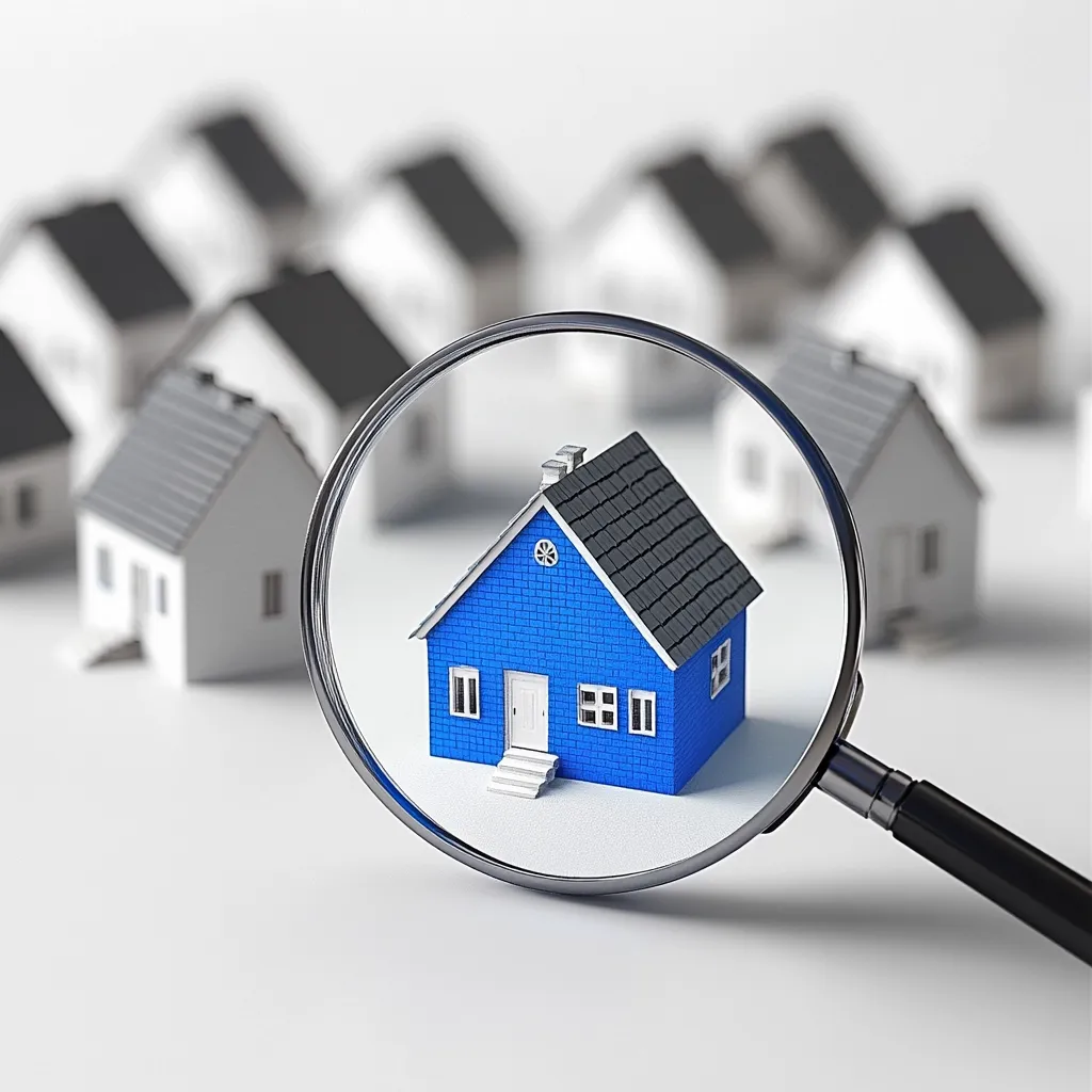 A magnifying glass focuses on a small blue house among many white houses.  The image suggests the selection or inspection of a specific property from a range of options, possibly representing a real estate search or property appraisal.  The blue house stands out, highlighting its unique qualities or potential.  The background is blurred, directing attention to the central blue model house.