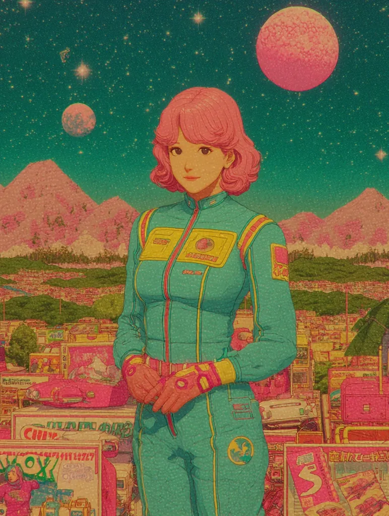 A retro-futuristic illustration depicts a young woman with pink hair, wearing a teal jumpsuit, standing amidst a landscape of pastel mountains, a starry night sky, and a cluttered cityscape.  She has a calm expression and her hands are clasped in front of her.  The overall style evokes a nostalgic, vintage science fiction aesthetic. The scene is rich in detail and saturated color.