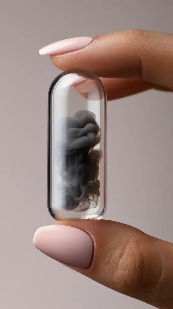 A hand with pale pink nails delicately holds a transparent capsule. Inside the capsule, a dark gray substance resembling ink swirls, creating an abstract pattern.  The capsule is cylindrical and appears to be made of glass. The image is clean and minimalist, with a neutral background.