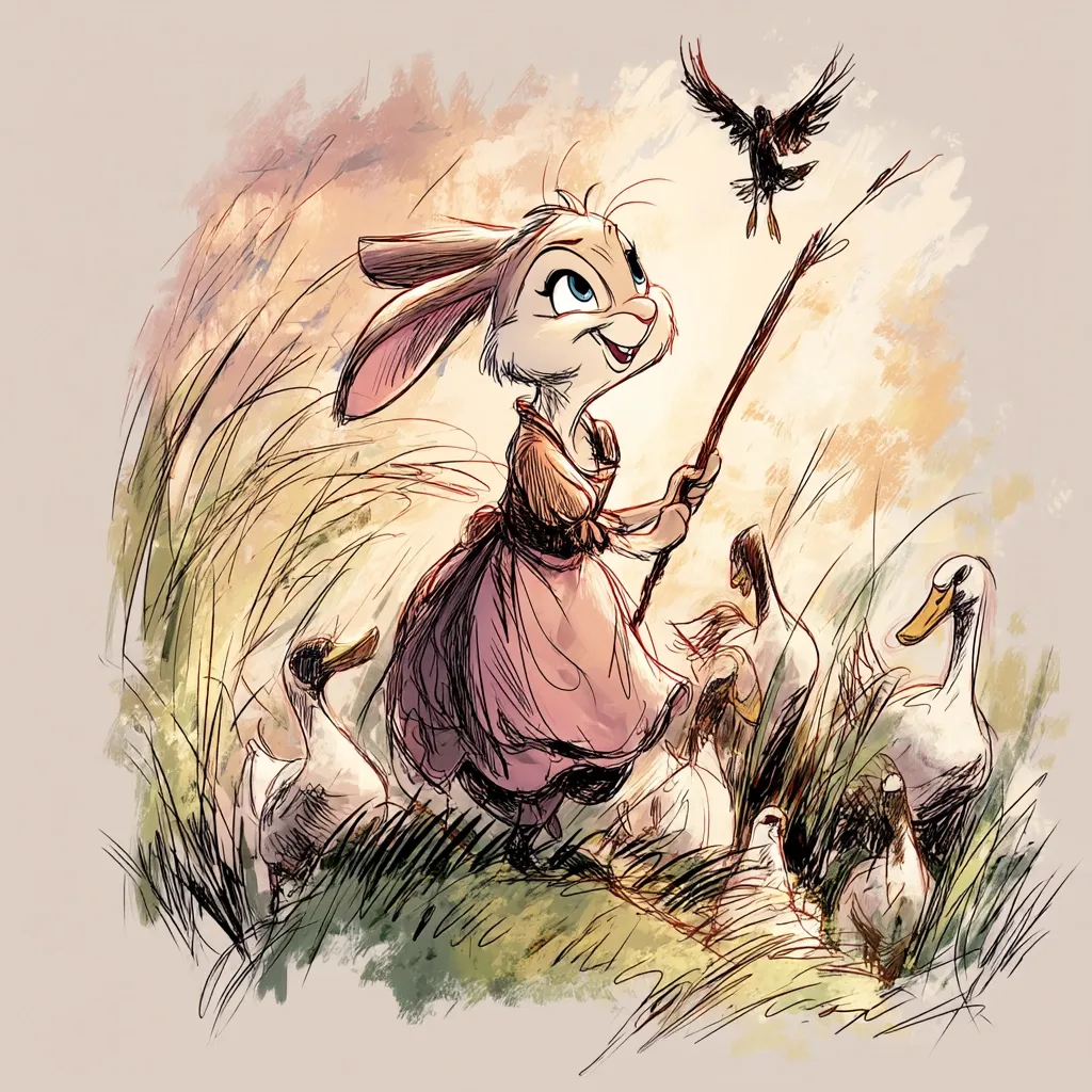 A whimsical illustration depicts a charming rabbit girl in a pink dress, holding a long stick, amidst tall grasses.  Several geese surround her, one appearing to observe her curiously. A bird flies overhead, adding to the idyllic, slightly whimsical scene.  The style is loose and expressive, combining pencil sketch with watercolor washes.  The overall tone is warm and inviting.