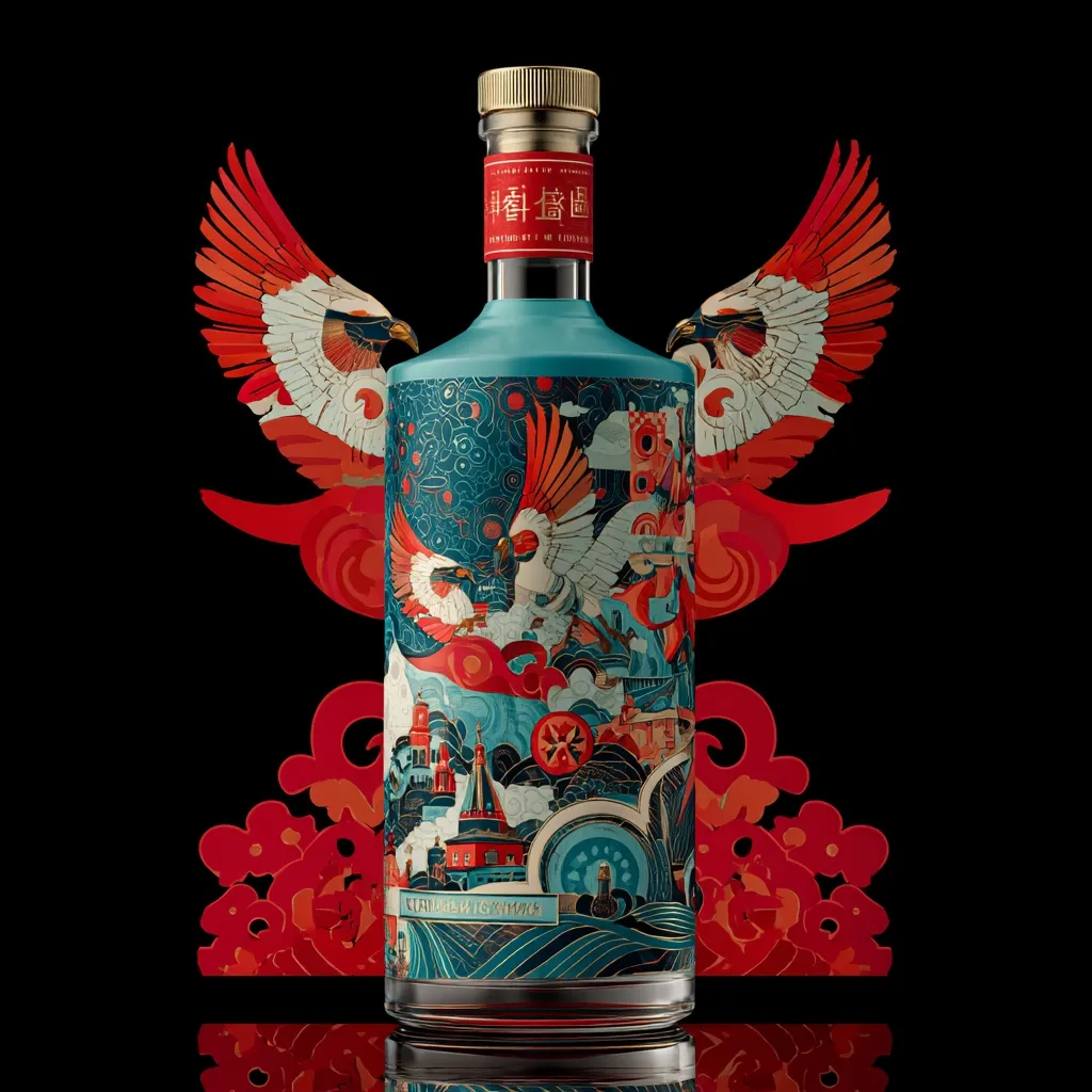 A bottle of Fenghe Baijiu liquor is showcased against a black background. The bottle's teal body features intricate artwork depicting birds in flight and a cityscape, all in vibrant red and blue tones.  Large stylized red wings frame the bottle, enhancing its visual appeal.  The design is rich in detail and suggests a blend of traditional Chinese artistry and modern design sensibilities.