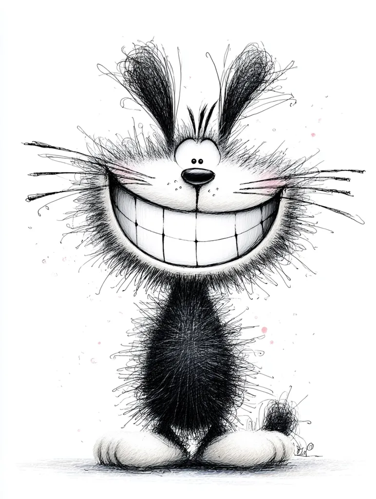 A whimsical, cartoonish creature, possibly a cat or dog, with exaggerated features is depicted.  Its large, wide grin reveals numerous teeth, and its fur is wildly textured and spiky. The creature stands on small, paw-like feet, its body mostly dark, contrasting with the white background. The overall style is expressive and playful, evoking a sense of joyful silliness.