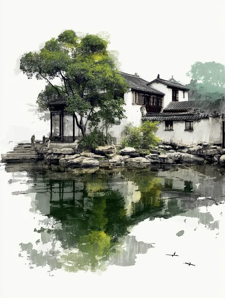A serene watercolor painting depicts a traditional Chinese house nestled beside a tranquil pond. Lush greenery, including a large tree, surrounds the white-walled buildings with dark-tiled roofs.  The scene is reflected in the still water, creating a mirror image.  Rocks line the water's edge, adding to the peaceful, almost ethereal atmosphere.  The style evokes a sense of calm and harmony with nature.