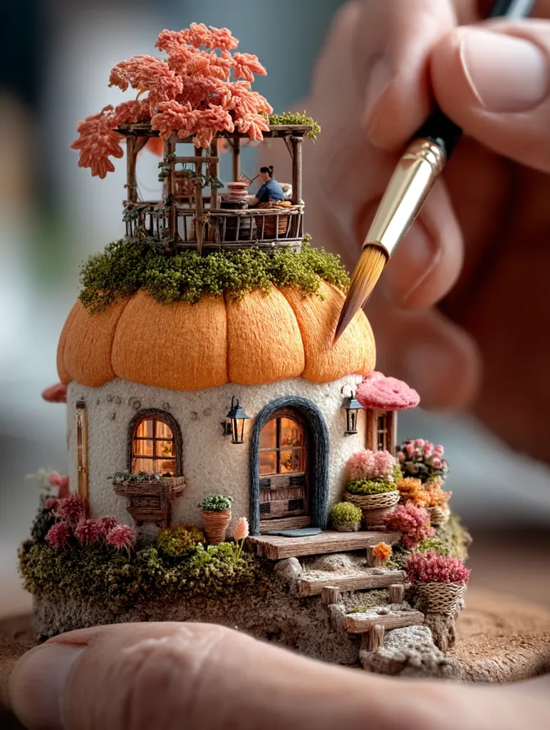 A miniature pumpkin-shaped house, meticulously crafted, sits on a mossy base.  A tiny figure sits on a balcony adorned with autumn leaves.  A hand delicately paints details onto the scene, adding to the intricate design which includes small plants, flowers, and a charming wooden staircase.  The scene is lit with warm, inviting light emanating from the house's windows.