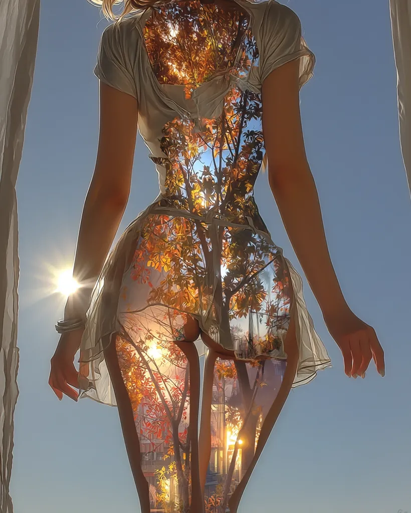A woman in a sheer white dress stands with her back to the viewer.  Autumnal foliage and a sunlit cityscape are superimposed onto her body, creating a surreal effect. The image blends the human form with nature, suggesting interconnectedness.  The sun sets behind her, casting a warm glow. The overall feeling is one of ethereal beauty and a harmonious merging of urban and natural environments.