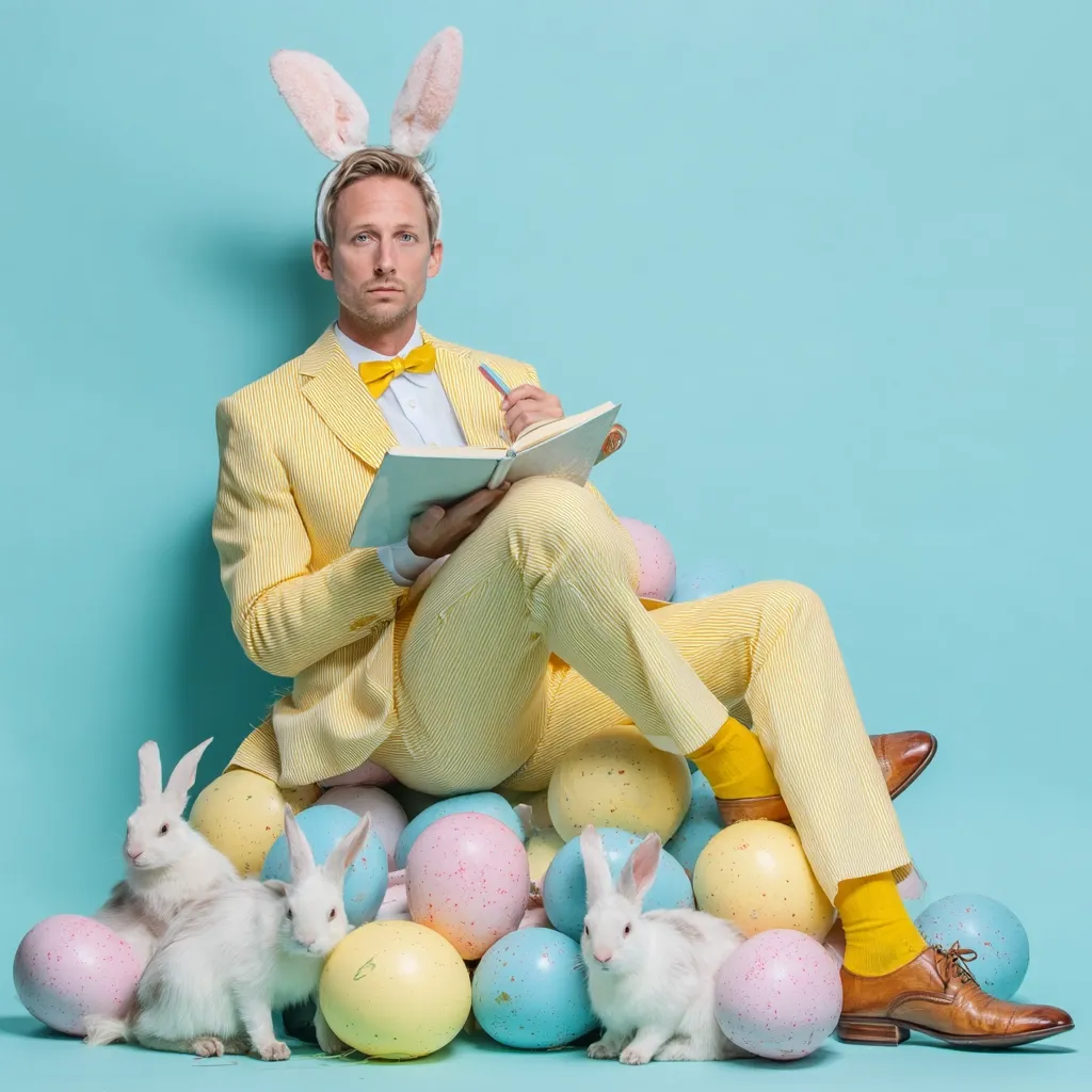 A man in a yellow suit and bunny ears sits amidst pastel Easter eggs and two white rabbits. He holds a notebook and pen, appearing thoughtfully engaged in writing. The playful scene is set against a light blue backdrop, creating a whimsical and festive Easter atmosphere.  The overall style is sophisticated yet lighthearted.