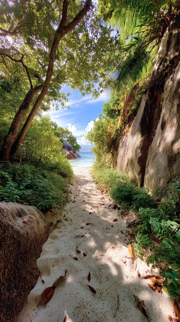 A sun-dappled path winds through lush tropical vegetation, leading to a secluded beach.  Towering trees and large granite boulders frame the sandy trail.  The turquoise ocean and a sliver of sky peek through the foliage, hinting at the idyllic paradise awaiting.  Fallen leaves dot the path, adding to the natural beauty of the scene.