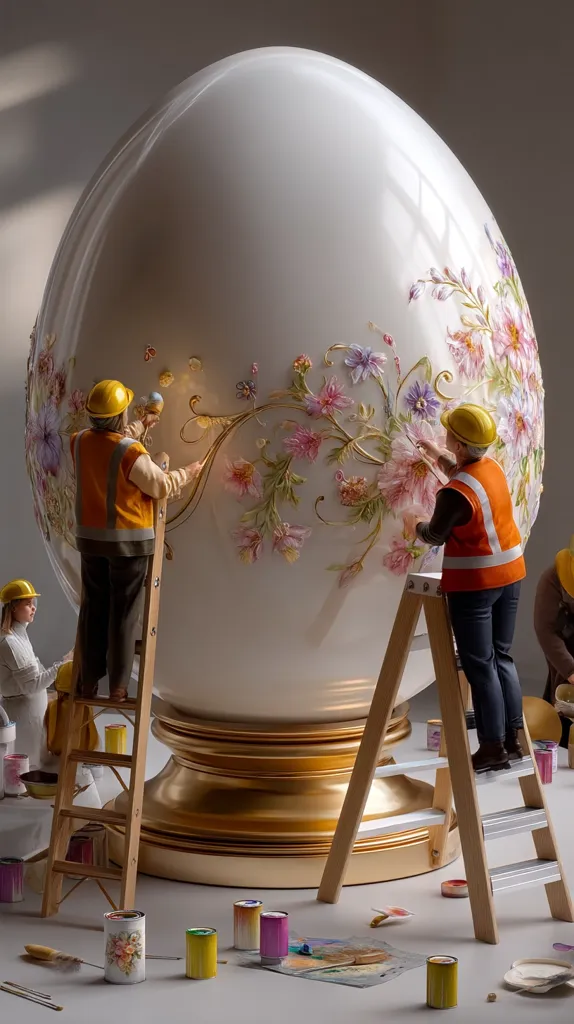 A large, ornate porcelain egg, adorned with delicate floral designs, is the centerpiece of a scene depicting its creation.  Two workers, wearing hard hats and safety vests, meticulously paint the egg using ladders.  Other figures assist, and paint cans and tools are scattered around the base, suggesting a collaborative artistic process. The egg rests on a golden pedestal, enhancing its grandeur.