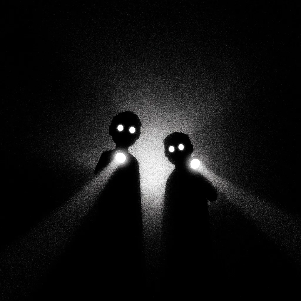 Two shadowy figures stand in the darkness, their glowing eyes and small flashlights the only visible features.  The figures are silhouetted against a grainy, light background, creating a mysterious and slightly unsettling atmosphere.  The overall effect is one of suspense and intrigue, hinting at a hidden narrative within the dark.
