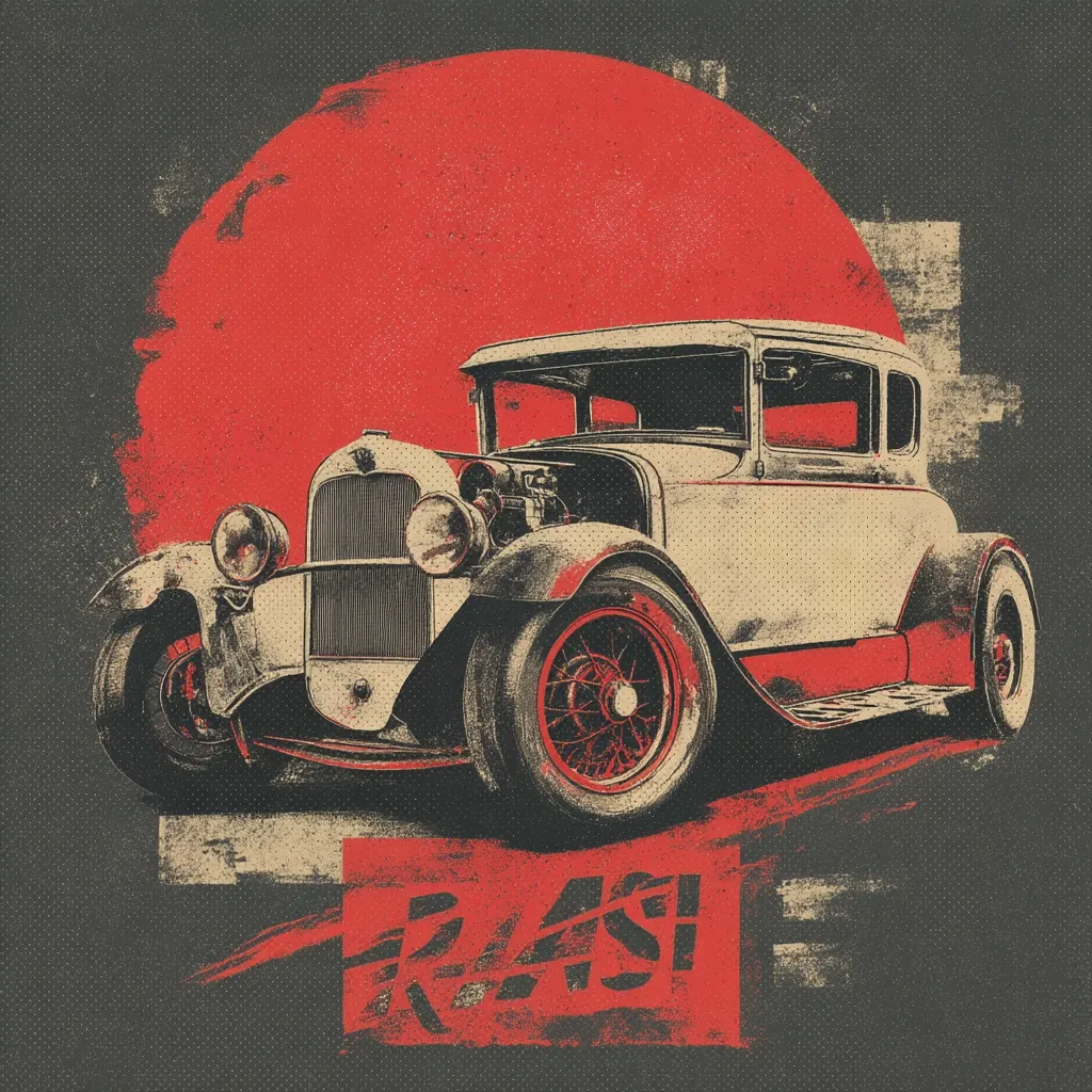 A stylized illustration of a vintage hot rod, possibly a Ford Model A, dominates the image.  The car is depicted in off-white with red accents against a dark gray background. A large, red sun-like circle forms a dramatic backdrop.  The word "FLASH!" is prominently displayed at the bottom, suggesting speed and energy.  The overall style is gritty and vintage, reminiscent of classic car posters.