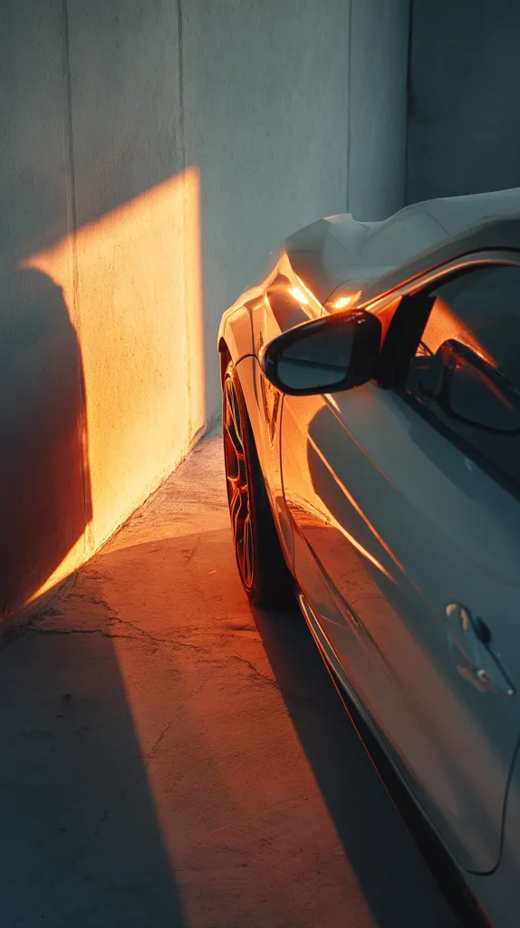 A white sports car is parked in a garage, bathed in the warm, orange glow of the setting sun.  The light casts a dramatic shadow on the wall, highlighting the car's sleek curves and metallic finish. The car's side profile is prominently displayed, showcasing its stylish design and alloy wheels. The overall scene evokes a feeling of quiet solitude and aesthetic beauty.