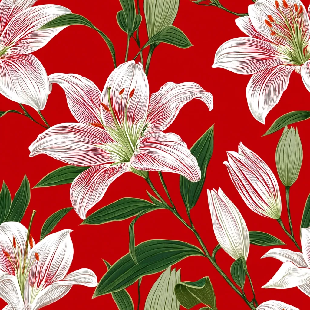 A vibrant seamless pattern features large, white lilies with red accents against a bold red background.  The lilies are meticulously detailed, showcasing their delicate petals and stamens.  Lush green leaves intertwine with the blooms and unopened buds, creating a striking floral arrangement. The illustration style is reminiscent of botanical art.