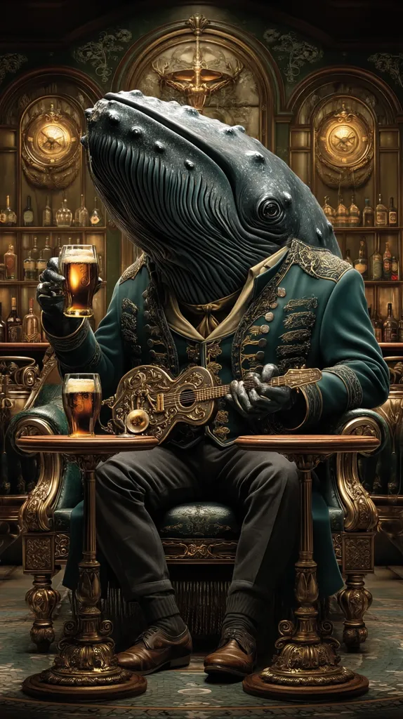A whale in a finely tailored green jacket sits in a luxurious, ornate armchair within a dimly lit, antique bar.  He holds a pint of beer in one hand and plays a gold-inlaid ukulele in the other.  The setting is rich with dark wood, gold accents, and antique clocks.  The scene is surreal and meticulously detailed, blending the fantastical with a sophisticated ambiance.