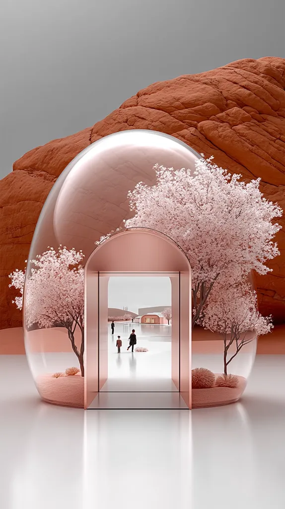 A rose-gold, egg-shaped enclosure houses miniature blossoming cherry trees.  A matching arched doorway reveals a minimalist architectural landscape with small figures. The structure sits against a backdrop of a large, textured, reddish-brown rock formation, creating a surreal and peaceful scene.