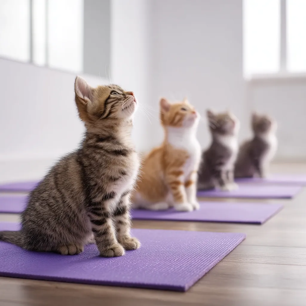 Four adorable kittens sit on purple yoga mats in a row, gazing upwards.  The closest kitten is a tabby, followed by a ginger kitten, a grey kitten, and a slightly out-of-focus grey kitten in the background.  The scene is peaceful and bright, suggesting a playful and calming atmosphere.