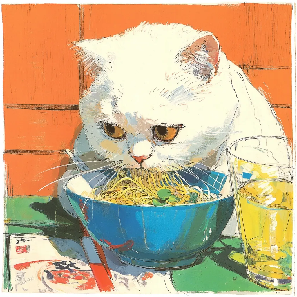 A vibrant illustration depicts a white cat intensely focused on a bowl of noodles.  The cat's expression is serious, almost grumpy, as it eats. A glass of what appears to be juice or beer sits beside the bowl. The background is a warm orange, contrasting with the cool tones of the bowl and the cat's fur. The style is loose and expressive, with visible brushstrokes adding to the artwork's energy.