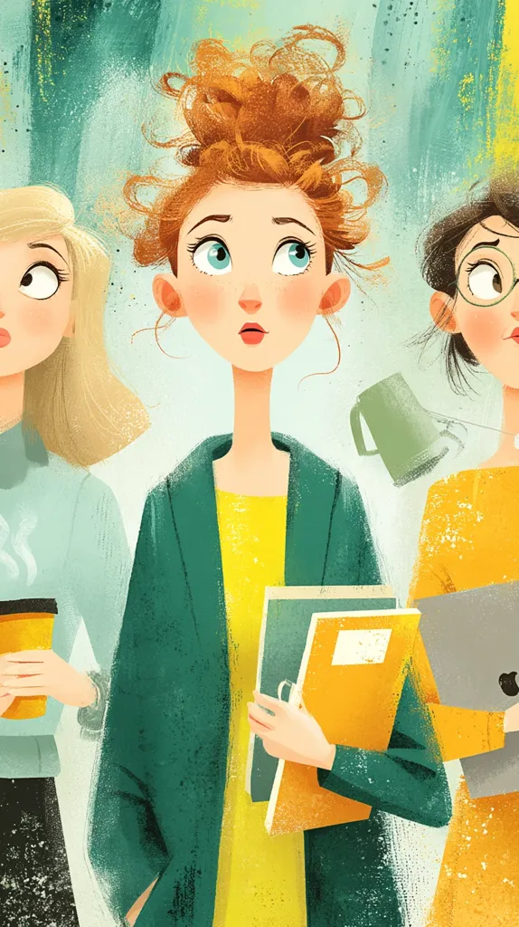 Three young women stand together, each with a unique style.  The central figure, with vibrant red hair in a messy bun, holds several notebooks and looks upward with a surprised expression.  On her left, a blonde woman holds a coffee cup, while to her right, a brunette with glasses carries a tablet.  The artwork is painted in a vibrant, textured style with a soft color palette.