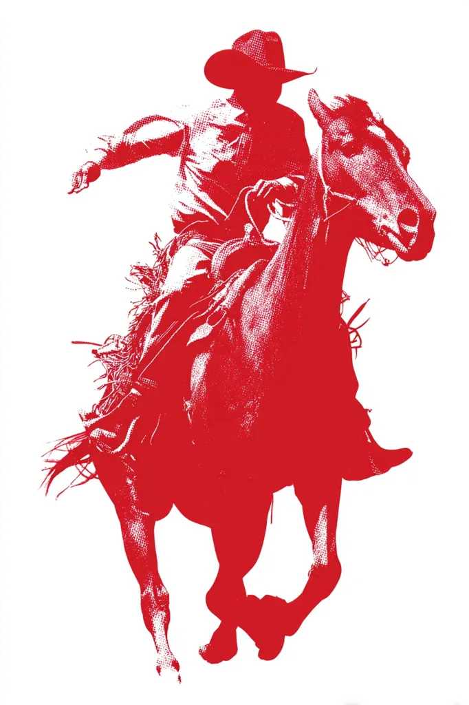 A dynamic red silhouette depicts a cowboy astride a bucking bronco.  The cowboy, wearing a hat, leans forward, arms outstretched, seemingly in control despite the horse's powerful movement.  The image is bold and graphic, capturing the energy and excitement of a rodeo event. The horse's legs are extended, suggesting intense action and a sense of speed.