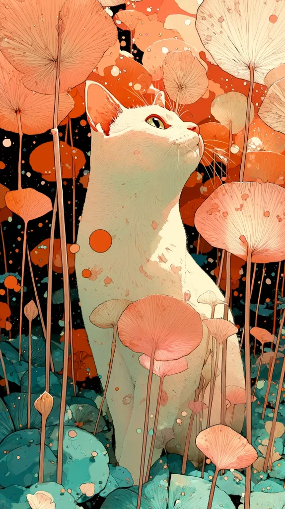 A stylized illustration depicts a white cat sitting amidst a field of tall, slender plants with large, delicate, peach-colored flower-like tops.  The background is dark, punctuated by splashes of color, creating a dreamlike atmosphere. The cat gazes upward, its expression serene. The artwork's style is whimsical and painterly, with a blend of soft and sharp lines.