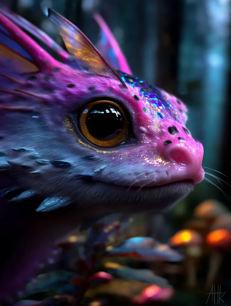 A close-up reveals a fantastical creature, possibly a young dragon, with vibrant pink and purple fur, adorned with iridescent scales and golden highlights.  Its large, expressive eyes hold a captivating gaze.  The creature's delicate features and spiky fins suggest a magical, ethereal being. The background hints at a mystical forest setting with glowing mushrooms.