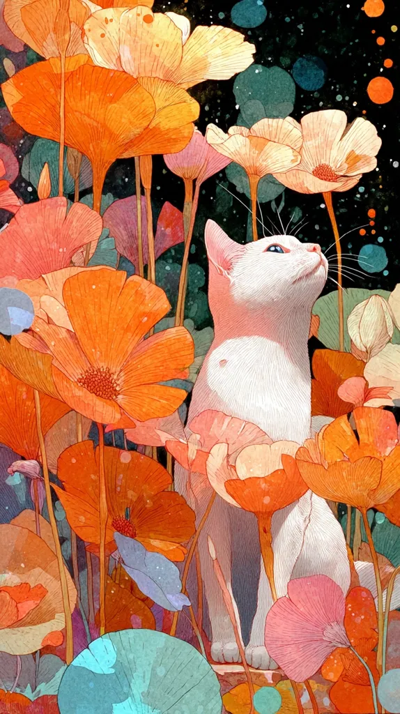 A white cat sits amidst a vibrant field of large, stylized orange and peach flowers.  The flowers have delicate, almost translucent petals, and their stems extend upward against a dark background speckled with light dots.  The cat gazes upward, its expression serene. The overall style is whimsical and dreamlike, with a focus on soft color blending and detailed linework.