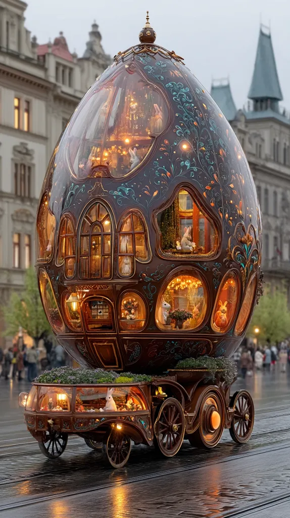 A giant, intricately decorated Easter egg, resembling a miniature house, sits atop a horse-drawn carriage.  The egg is dark brown with teal accents and numerous small windows, each showing a scene with tiny rabbits.  Warm internal lighting illuminates the egg's interior.  The carriage is similarly ornate, and the entire spectacle is parked on a wet cobblestone street in front of a European-style city background.