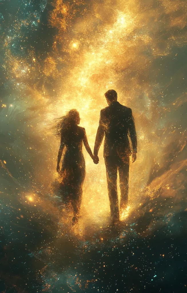 A silhouetted couple, hand-in-hand, walks towards a radiant, golden nebula.  The celestial backdrop is a swirling mix of dark space and bright, fiery particles, creating a mystical and romantic atmosphere.  Their figures are imbued with the light, suggesting a journey into the unknown or a shared destiny amidst the cosmos.  The image evokes feelings of love, hope, and the vastness of the universe.