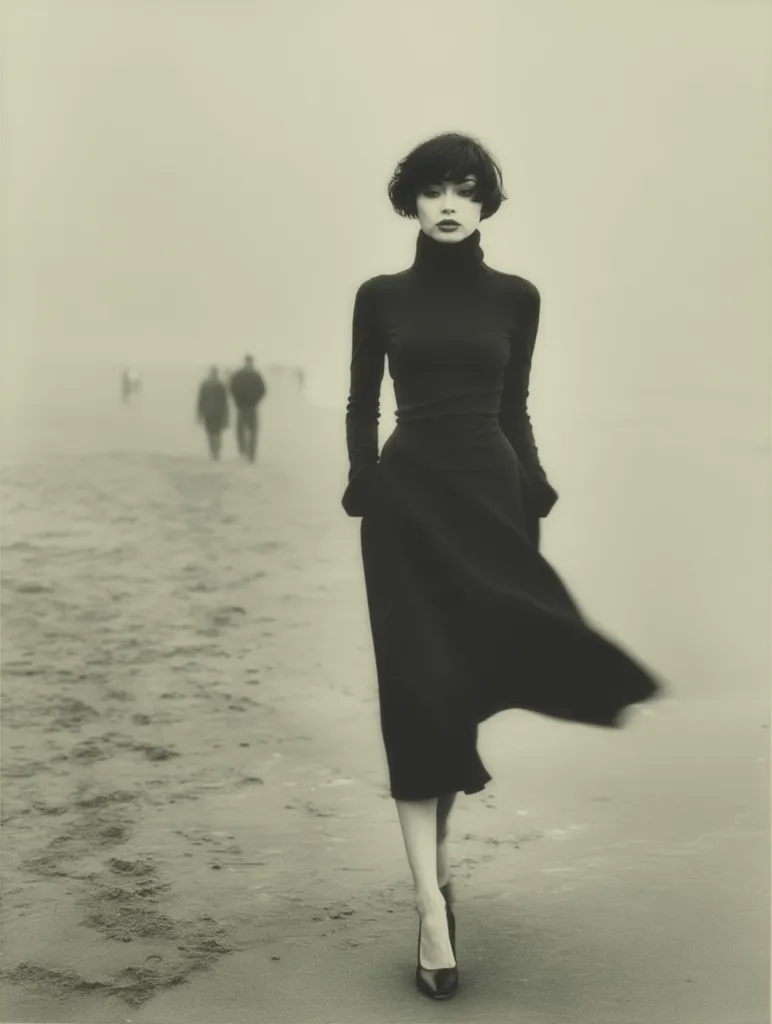 A monochromatic photograph captures a woman with a bob haircut, elegantly dressed in a black turtleneck and midi skirt, walking along a misty beach.  Her dress billows slightly in an unseen breeze.  In the far background, two indistinct figures walk away, adding to the solitary mood of the image. The overall aesthetic is one of quiet contemplation and minimalist style.