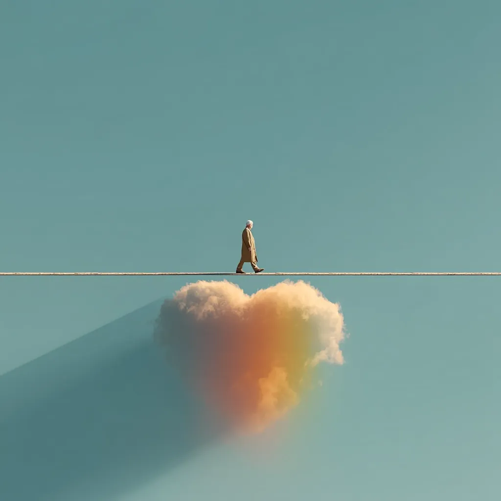 A lone figure in a beige coat walks a tightrope suspended in a tranquil, pale-blue sky.  Below, a heart-shaped cloud, tinged with warm orange and yellow hues, drifts peacefully. The image evokes a sense of balance, precariousness, and the serene beauty of a dreamlike landscape.  The contrast between the man's solitary journey and the soft, loving cloud creates a poignant visual narrative.