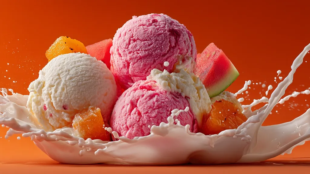 Three scoops of ice cream, two pink and one white, are nestled together, surrounded by chunks of watermelon and orange.  A splash of milk erupts around the ice cream, creating a dynamic and refreshing image. The vibrant colors of the fruit and ice cream contrast beautifully against the warm orange background.