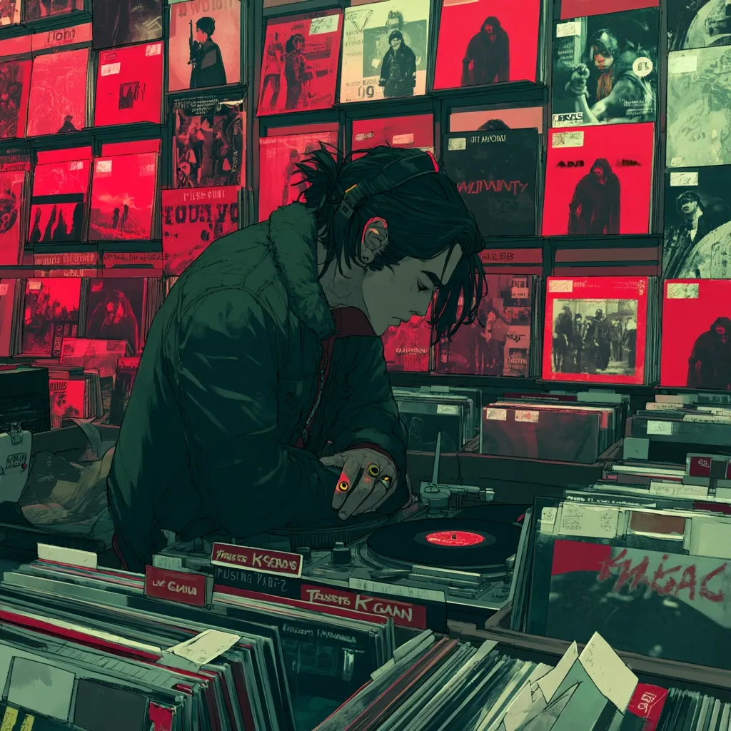 A young person with dark hair, wearing a dark jacket, leans over a turntable in a record store.  The store is filled with rows of vinyl records, their covers predominantly red and black, showcasing various bands and artists.  The overall aesthetic is dark, moody, and evocative of a vintage record shop. The individual appears focused on the music, creating a contemplative atmosphere.