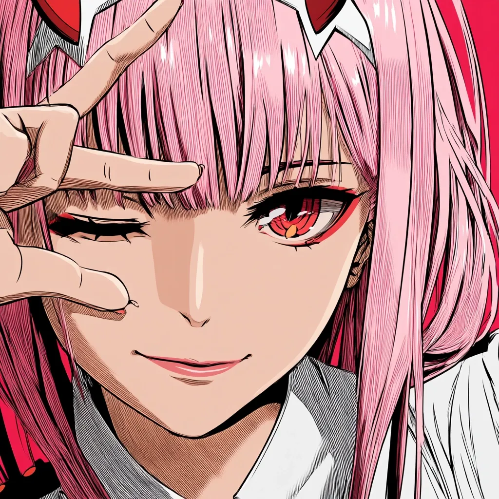 Close-up of an anime-style girl with long, pink hair.  She has striking red eyes and is playfully covering one eye with her hand, creating a peace sign. Her expression is a sly, knowing smirk. The art style is detailed, with visible linework and shading, giving a slightly manga-inspired feel.  The background is a solid, deep red.