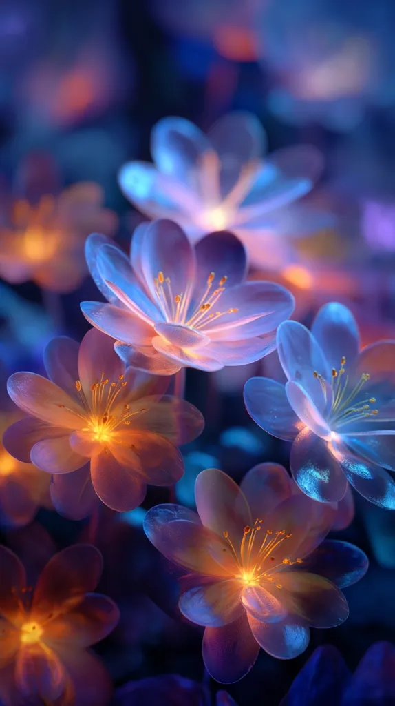 A close-up shot reveals a cluster of luminous flowers, their petals a blend of translucent blue and orange hues.  Glowing centers radiate warmth, contrasting with the cool tones of the petals. The background is a soft blur of dark blues and purples, emphasizing the flowers' ethereal beauty.  The image evokes a dreamy, almost otherworldly feeling.
