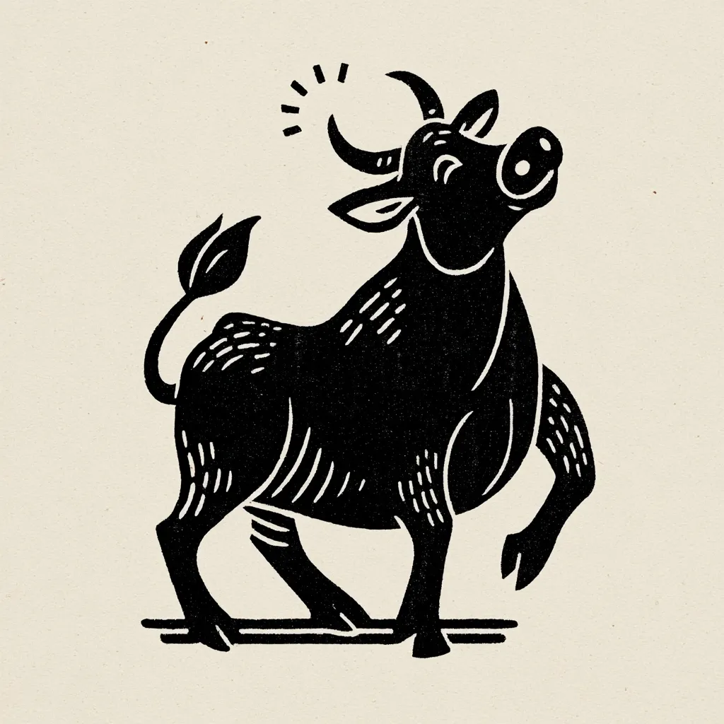 A black and white illustration of a bull, rendered in a linocut style.  The bull is depicted in profile, facing right, with a stylized, slightly whimsical expression.  Its body is covered in hatched lines, adding texture.  A small sunburst-like symbol appears above its head.  The image is set against a creamy off-white background.