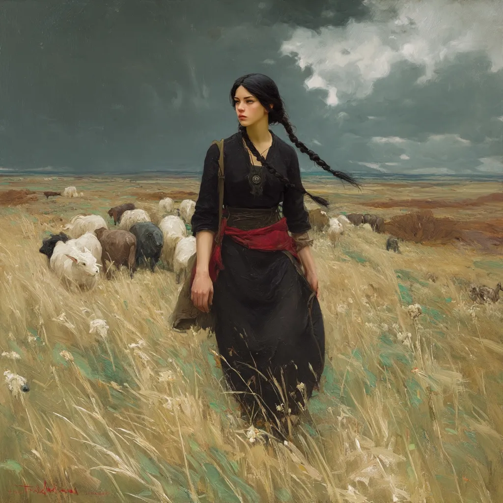 A young woman with long dark braids walks through a field of tall grass, her flock of sheep trailing behind her.  She's dressed in a dark, long dress and a red sash, her gaze directed towards the horizon under a brooding, cloudy sky. The overall mood is contemplative and melancholic, highlighting the vastness of the landscape and the solitude of the shepherdess.