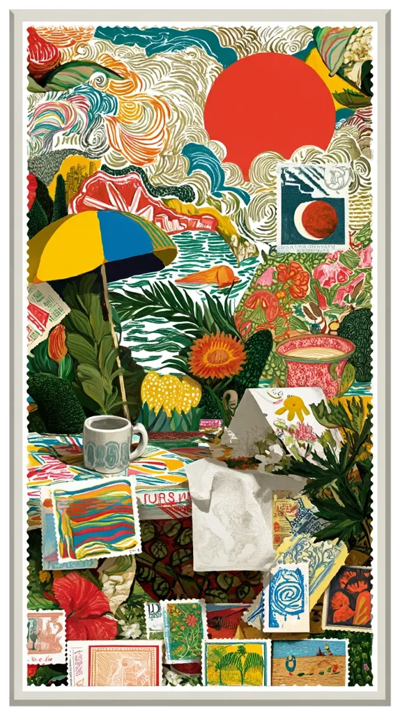 A vibrant, collage-style artwork depicts a tropical scene.  A yellow and blue umbrella shades a table laden with a coffee cup, crumpled paper, and an array of colorful postage stamps featuring diverse imagery. Lush tropical foliage and flowers surround the table, set against a backdrop of a stylized sun and sea, all rendered in bold, textured brushstrokes.  The overall effect is one of exuberant energy and playful composition.