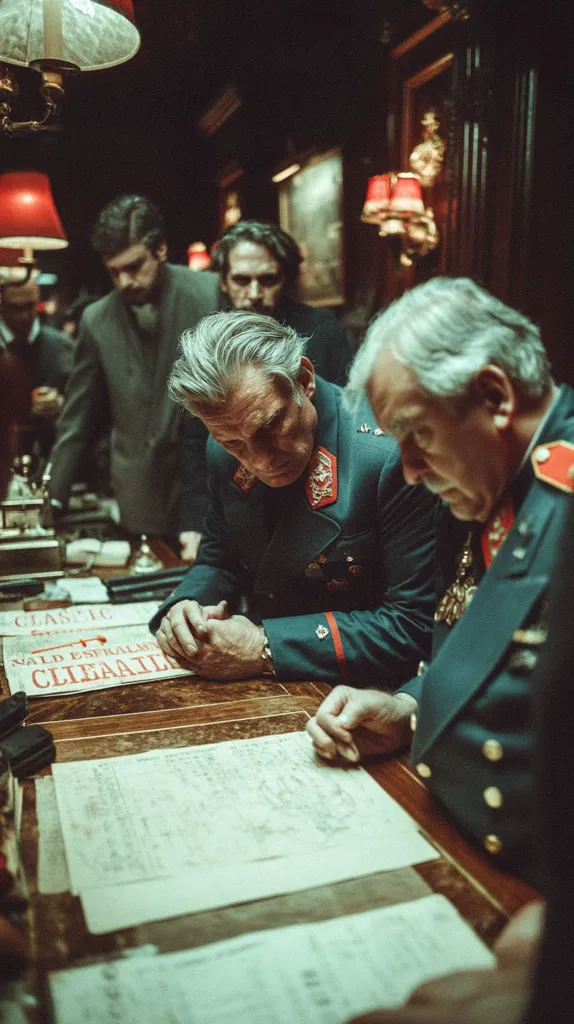 Two high-ranking officers in military uniforms are seated at a dark wooden table, reviewing documents.  A third officer and another man stand in the background. The setting appears to be a dimly lit, opulent room with antique lamps and rich wood paneling.  The atmosphere is serious and intense, suggesting a meeting of significant importance.  The documents appear official and detailed.