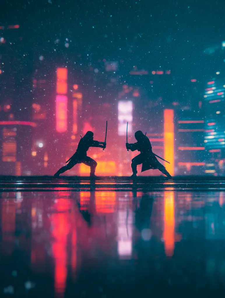Two silhouetted figures, wielding swords, face each other in a dramatic standoff.  The backdrop is a vibrant, neon-lit cityscape blurred by falling snow.  The scene is reflected in a wet, reflective surface below, creating a mirror image of the confrontation.  The overall mood is one of intense conflict set against a backdrop of urban fantasy.