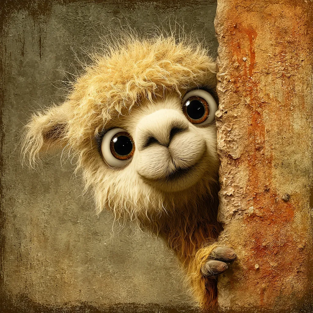 A fluffy, light brown alpaca with large, expressive eyes peeks from behind a textured, earthy-toned post.  Its adorable face is the focus, conveying a sense of playful curiosity. The background is a muted, mottled brown, enhancing the alpaca's soft fur and bright eyes. The image has a whimsical, almost cartoonish quality.