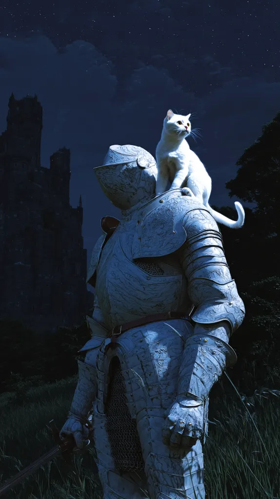 Under a starlit night sky, a knight in ornate, silvery armor stands amidst tall grass. A white cat sits perched on the knight's shoulder, gazing serenely into the distance.  A dark, imposing castle looms in the background, adding to the mystical and slightly ominous atmosphere. The scene blends fantasy and realism, creating a captivating image.