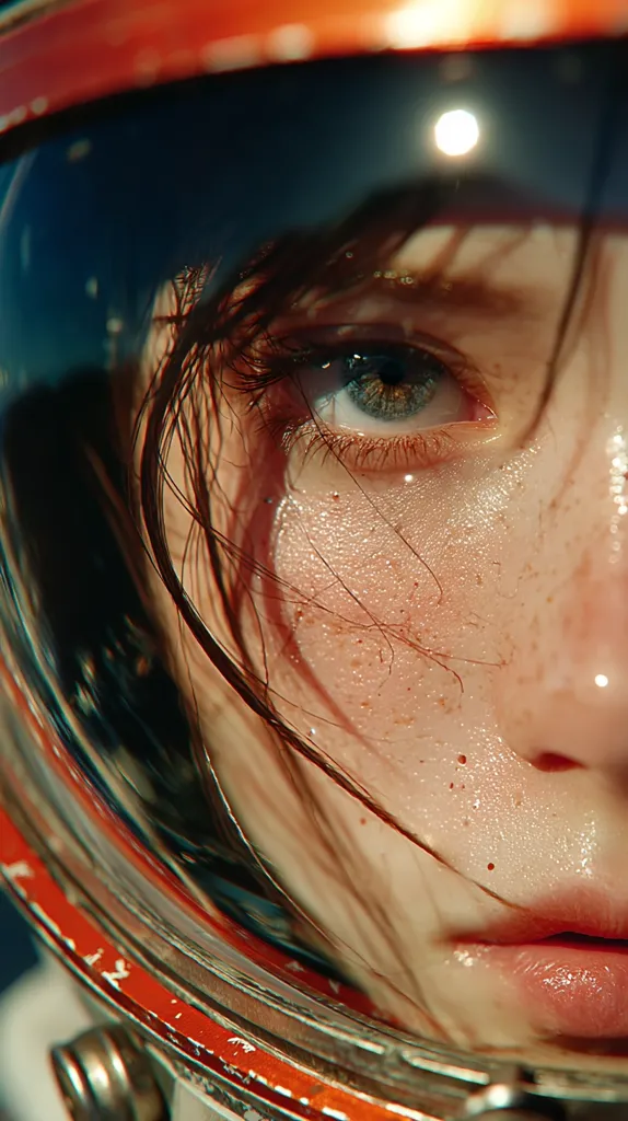 Close-up of a woman's face, partially obscured by a weathered, reddish-orange astronaut helmet's visor.  Her eye, with a hint of blue, is visible, along with damp skin and dark hair partially covering her face.  The background is blurred, suggesting a vast, possibly extraterrestrial landscape.  The image has a cinematic, slightly surreal quality.