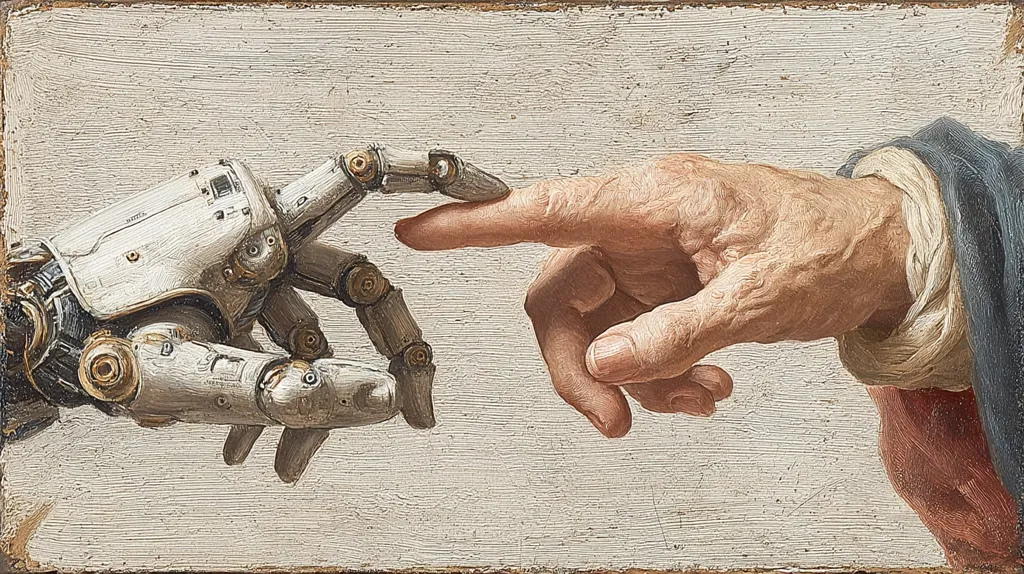 A painting in the style of Michelangelo's "The Creation of Adam" depicts a robotic hand reaching towards a human hand.  The robotic hand is intricately detailed, showing gears and metallic components, while the human hand is rendered with realistic texture and age. The neutral background emphasizes the interaction between the two hands, symbolizing a connection between humanity and technology.