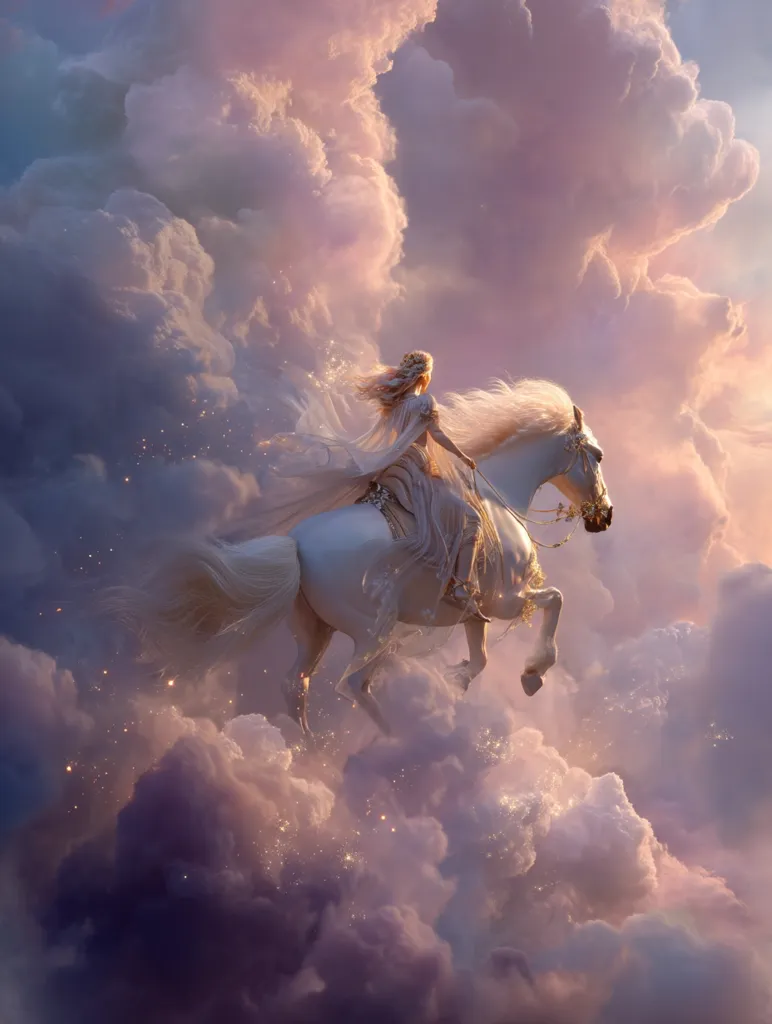 A ethereal woman with flowing blonde hair rides a majestic white horse through a dreamy, pastel-colored sky.  Soft, fluffy clouds surround them, sparkling with golden dust. The scene evokes a sense of magic and wonder, a celestial journey amidst breathtaking beauty. The woman's flowing gown complements the horse's white coat, creating a harmonious and otherworldly image.