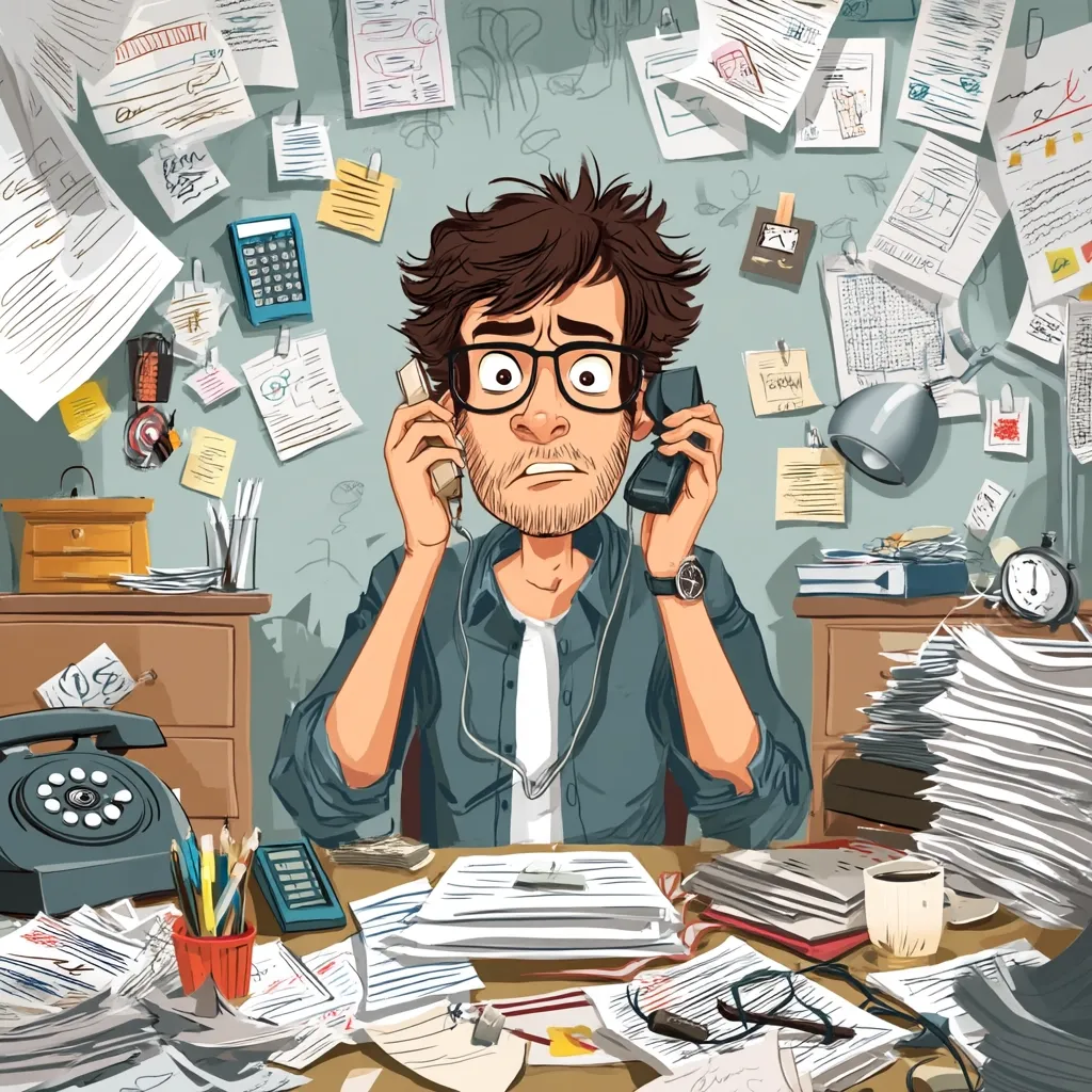 A stressed man sits at an extremely cluttered desk, holding two phones to his ears. Papers and documents are piled everywhere, covering the desk and walls.  He wears glasses and looks overwhelmed.  The scene depicts the chaos and pressure of a demanding job with an abundance of paperwork.  The overall atmosphere is one of anxiety and stress.