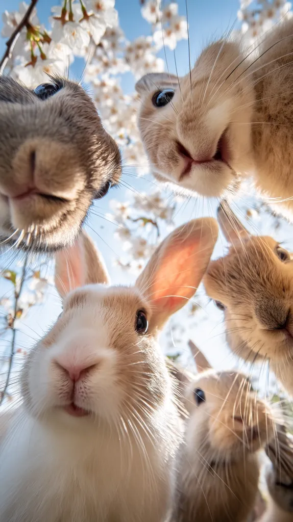 Four adorable rabbits look up at the camera from a low angle, their faces close to the lens.  They are surrounded by blossoming cherry trees, creating a whimsical, spring-like scene. The rabbits' expressions are curious and endearing, their fur soft and light in color.  The overall image is cheerful and playful.