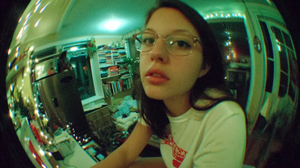 A fisheye lens photo shows a young woman with glasses, her face taking up much of the frame. She's wearing a light-colored t-shirt. The background is blurry but shows a cluttered room with bookshelves, a refrigerator, and Christmas lights. The overall color palette is green, giving a vintage or nostalgic feel. The distorted perspective is characteristic of a fisheye lens.