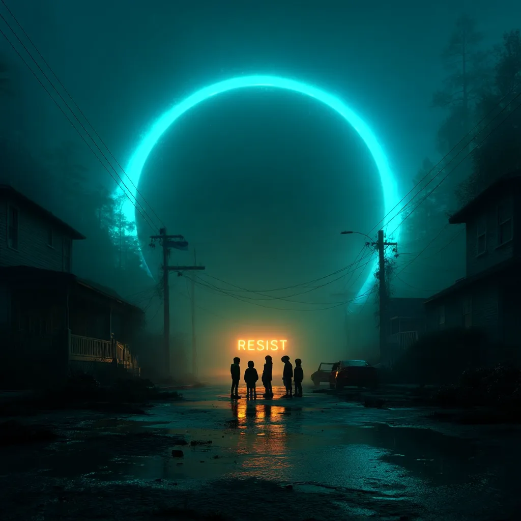 A group of children stand silhouetted on a fog-shrouded street, facing a large, glowing neon-turquoise ring in the night sky.  The word "RESIST" is illuminated in orange above them.  The scene is set in a residential area with houses lining the street, creating an eerie and suspenseful atmosphere.  The overall tone is dark, mysterious, and evocative of science fiction or fantasy.