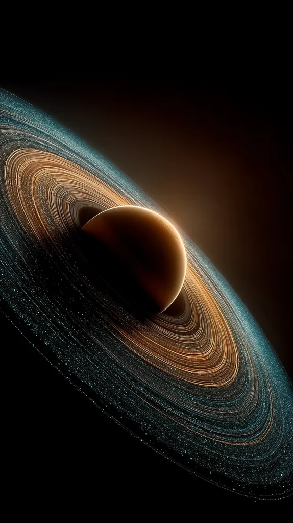 A digital artwork depicts a celestial body, possibly a planet, nestled within a series of concentric rings.  The rings are predominantly gold and teal, shimmering with countless tiny particles that suggest dust or ice. The planet itself is a muted brown-orange, glowing softly. The background is a deep, inky black, creating a stark contrast and emphasizing the celestial scene's ethereal beauty. The image evokes a sense of cosmic wonder and mystery.