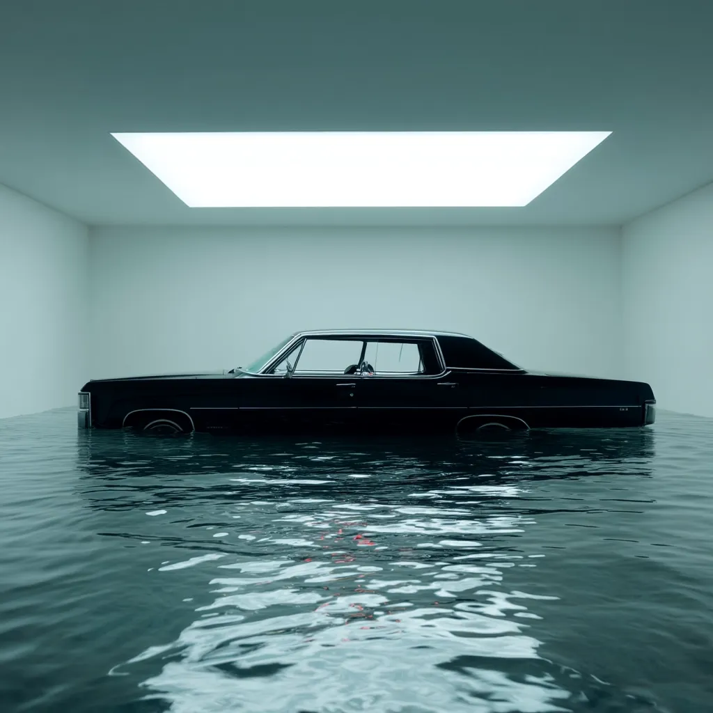 A classic black sedan is partially submerged in a flooded minimalist white room.  The car sits at a slight angle, its tires barely visible above the waterline. A single, rectangular skylight provides diffuse illumination to the scene, highlighting the stark contrast between the flooded interior and the sleek, vintage vehicle. The water is calm, reflecting the car and the ceiling.